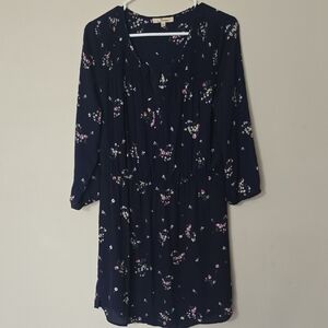 Floral Navy Long-Sleeve Smocked Waist Dress